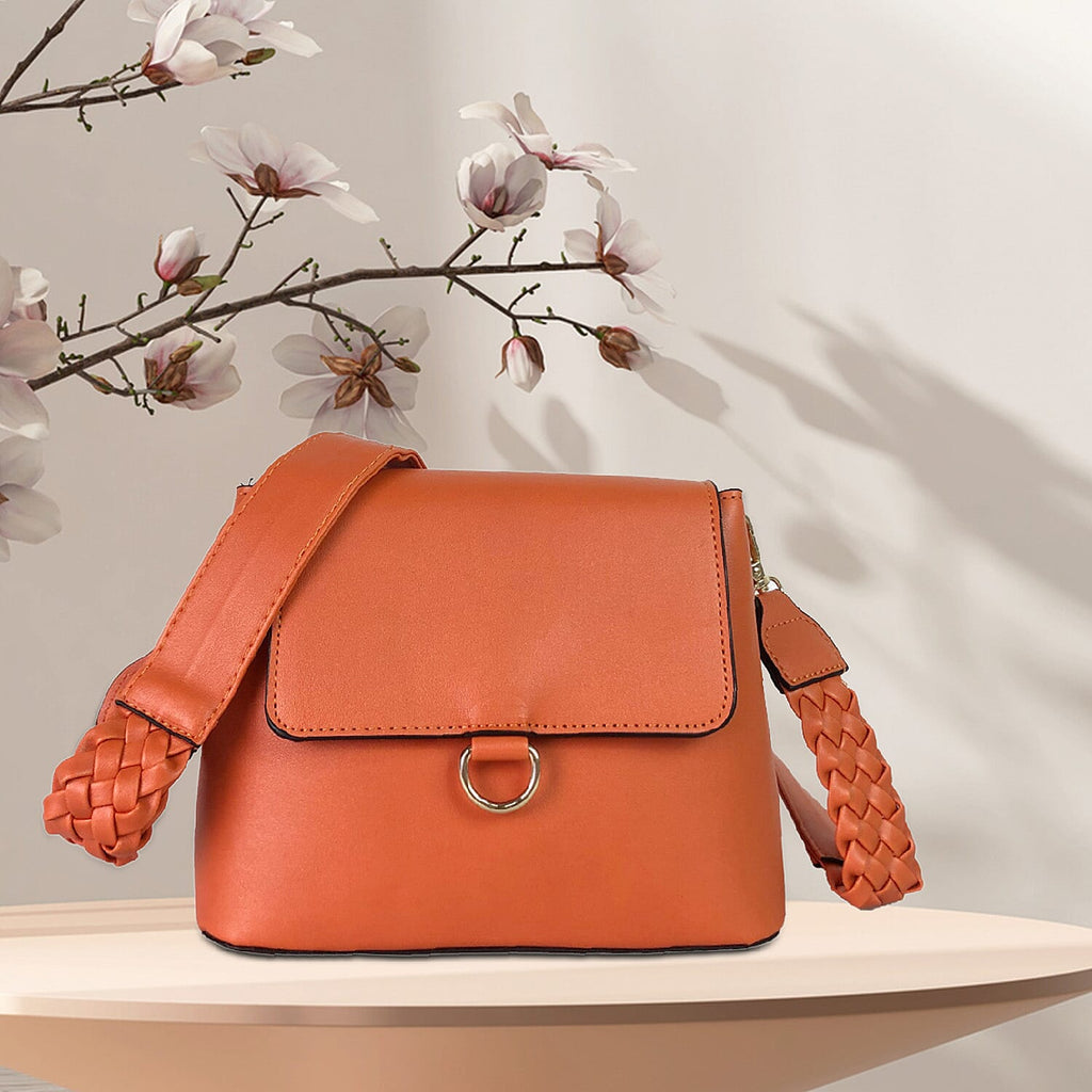 Faux Leather Plain Crossbody Bag with Shoulder Strap (Size 21x16x9 Cm) - Orange