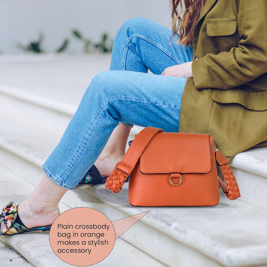 Faux Leather Plain Crossbody Bag with Shoulder Strap (Size 21x16x9 Cm) - Orange