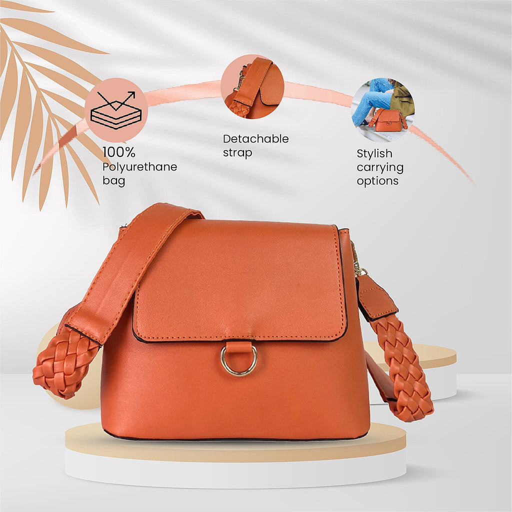 Faux Leather Plain Crossbody Bag with Shoulder Strap (Size 21x16x9 Cm) - Orange