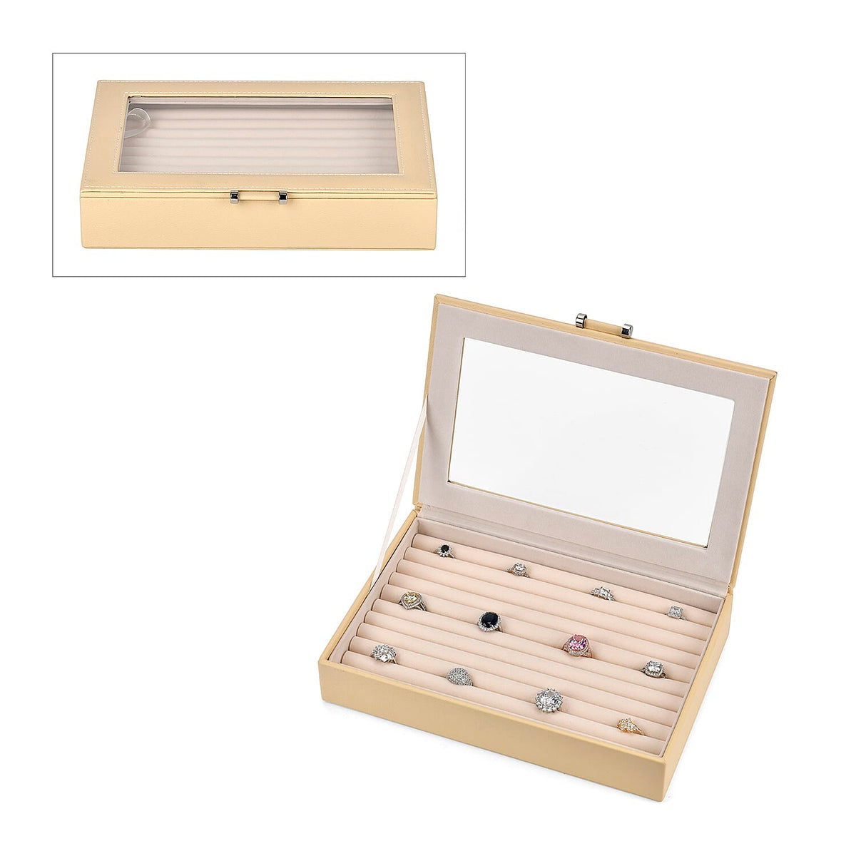 Beige Stylish Ring Box with Glass Display &amp; Anti-Tarnish Lining (Holds up to 100 Rings) â€“ 10x7x2 cm 6096695 0