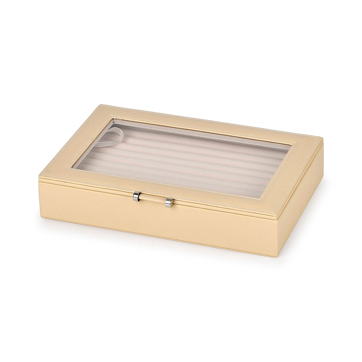 Beige Stylish Ring Box with Glass Display &amp; Anti-Tarnish Lining (Holds up to 100 Rings) â€“ 10x7x2 cm 6096695 3