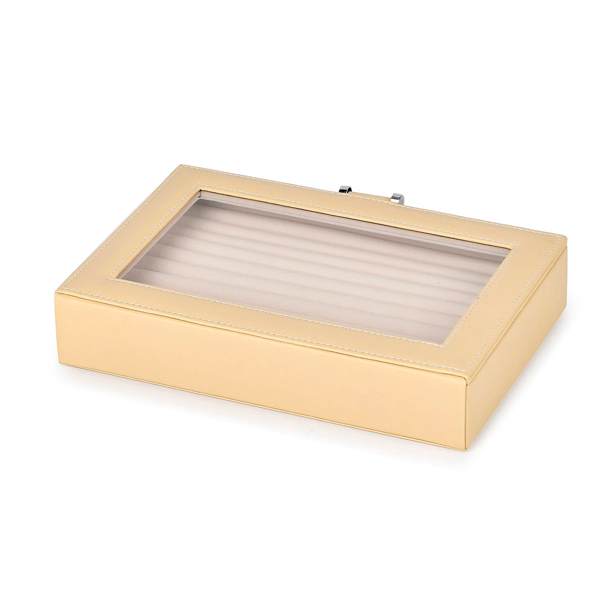 Beige Stylish Ring Box with Glass Display &amp; Anti-Tarnish Lining (Holds up to 100 Rings) â€“ 10x7x2 cm 6096695 4