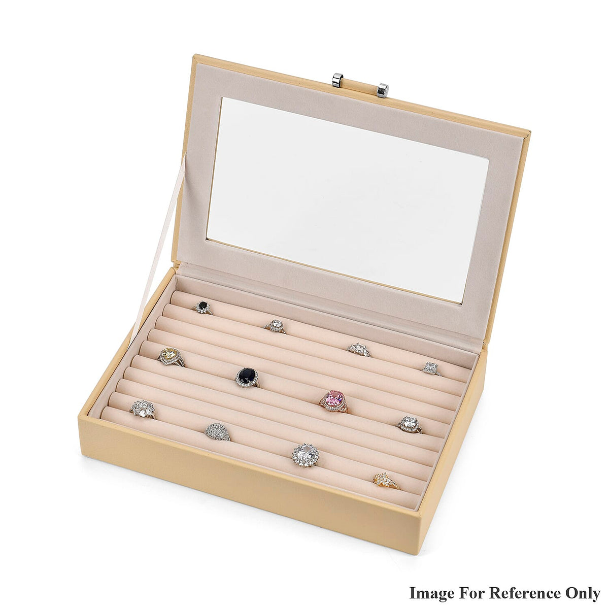 Beige Stylish Ring Box with Glass Display &amp; Anti-Tarnish Lining (Holds up to 100 Rings) â€“ 10x7x2 cm 6096695 6