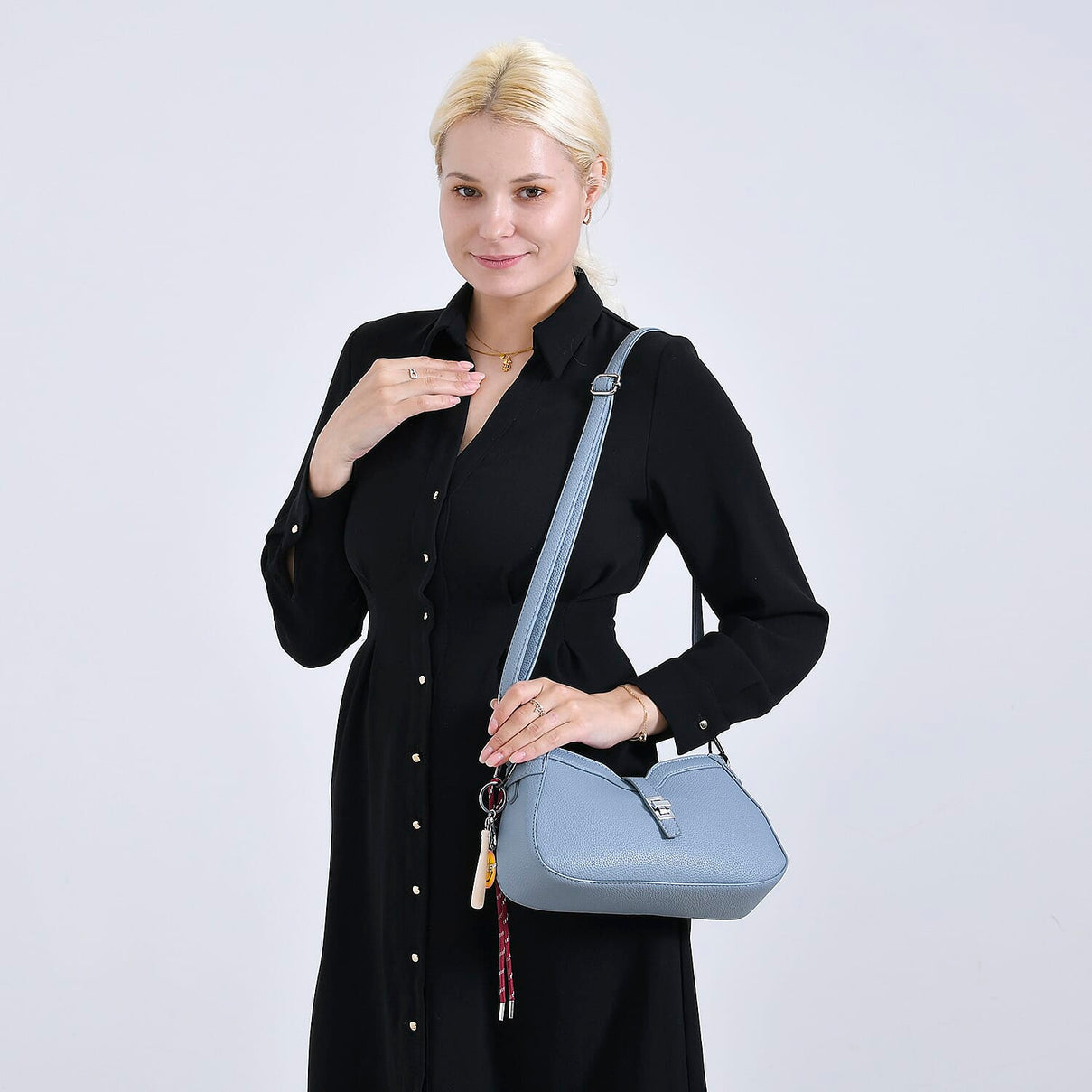 Designer Closeout - Super Soft Shoulder Bag with Charm Detail &amp; Adjustable Strap - Light Stone Blue 8043428 2