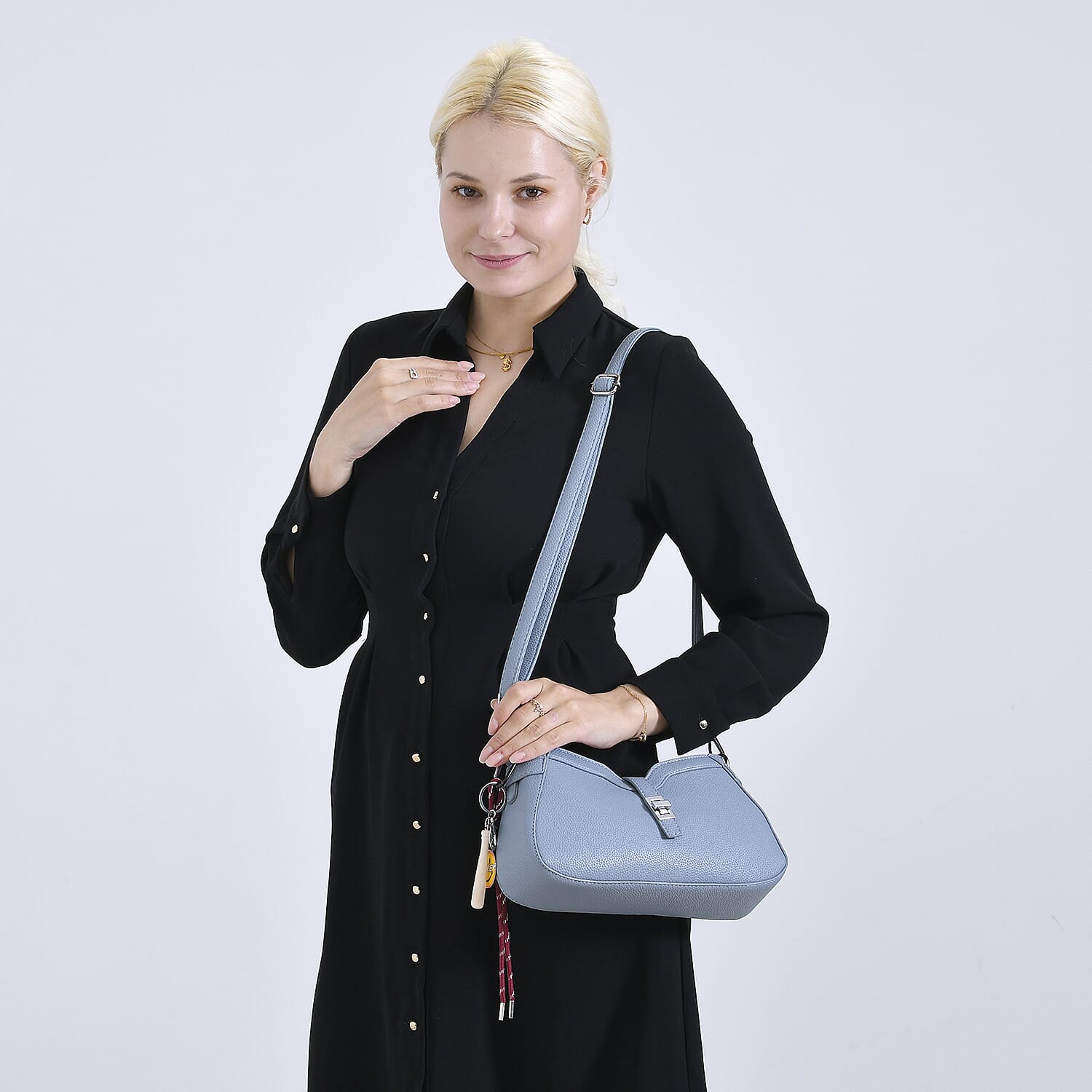 Designer Closeout - Super Soft Shoulder Bag with Charm Detail &amp; Adjustable Strap - Light Stone Blue 8043428 2