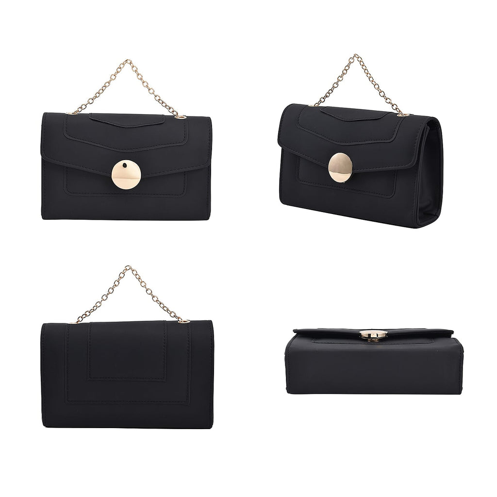Matte Clutch Bag with Metal Chain and Shoulder Strap (Size 22x12x7 Cm) - Black