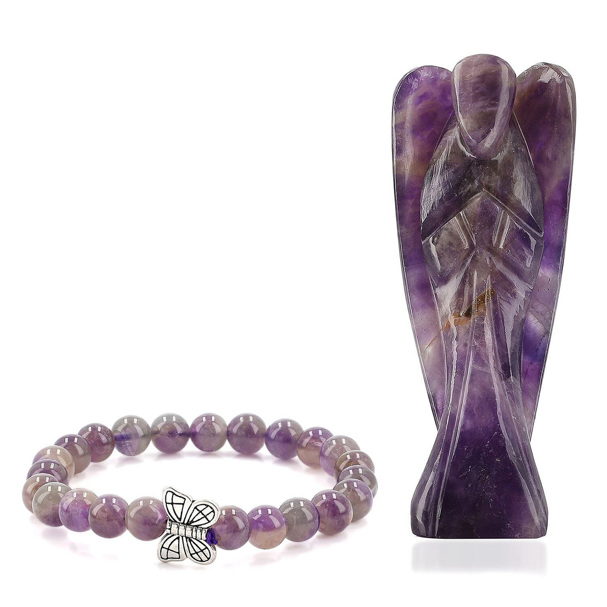 Handcarved Amethyst Guardian Angel Figurine Sculpture (Size 8 Cm) &amp; Butterfly Stretchable Bracelet Presented in Velvet Pouch With Gift Card V32575727 0