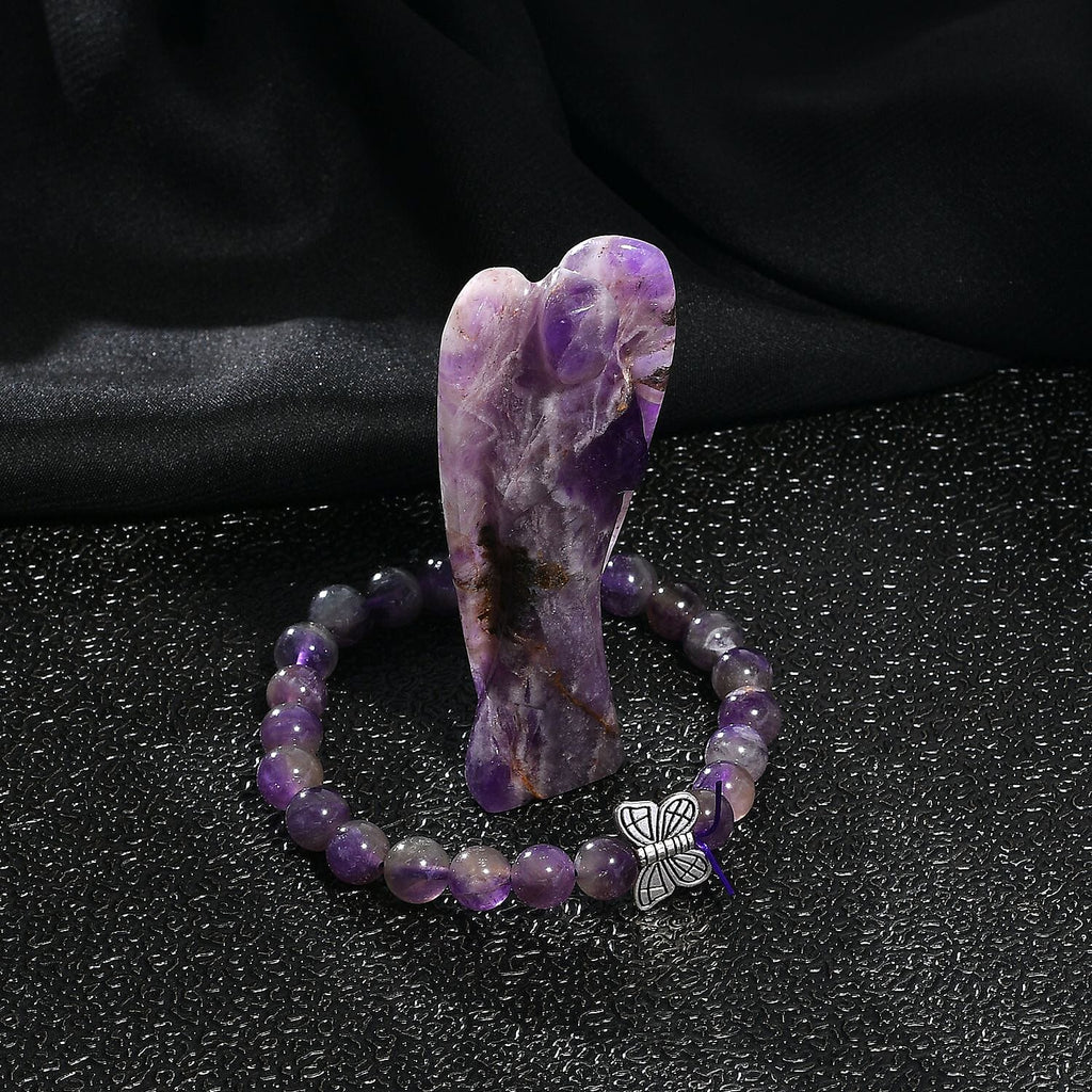 Handcarved Amethyst Guardian Angel Figurine Sculpture (Size 8 Cm) & Butterfly Stretchable Bracelet Presented in Velvet Pouch With Gift Card