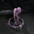 Handcarved Amethyst Guardian Angel Figurine Sculpture (Size 8 Cm) & Butterfly Stretchable Bracelet Presented in Velvet Pouch With Gift Card
