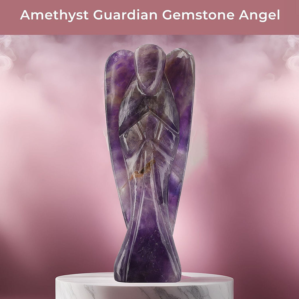 Handcarved Amethyst Guardian Angel Figurine Sculpture (Size 8 Cm) & Butterfly Stretchable Bracelet Presented in Velvet Pouch With Gift Card