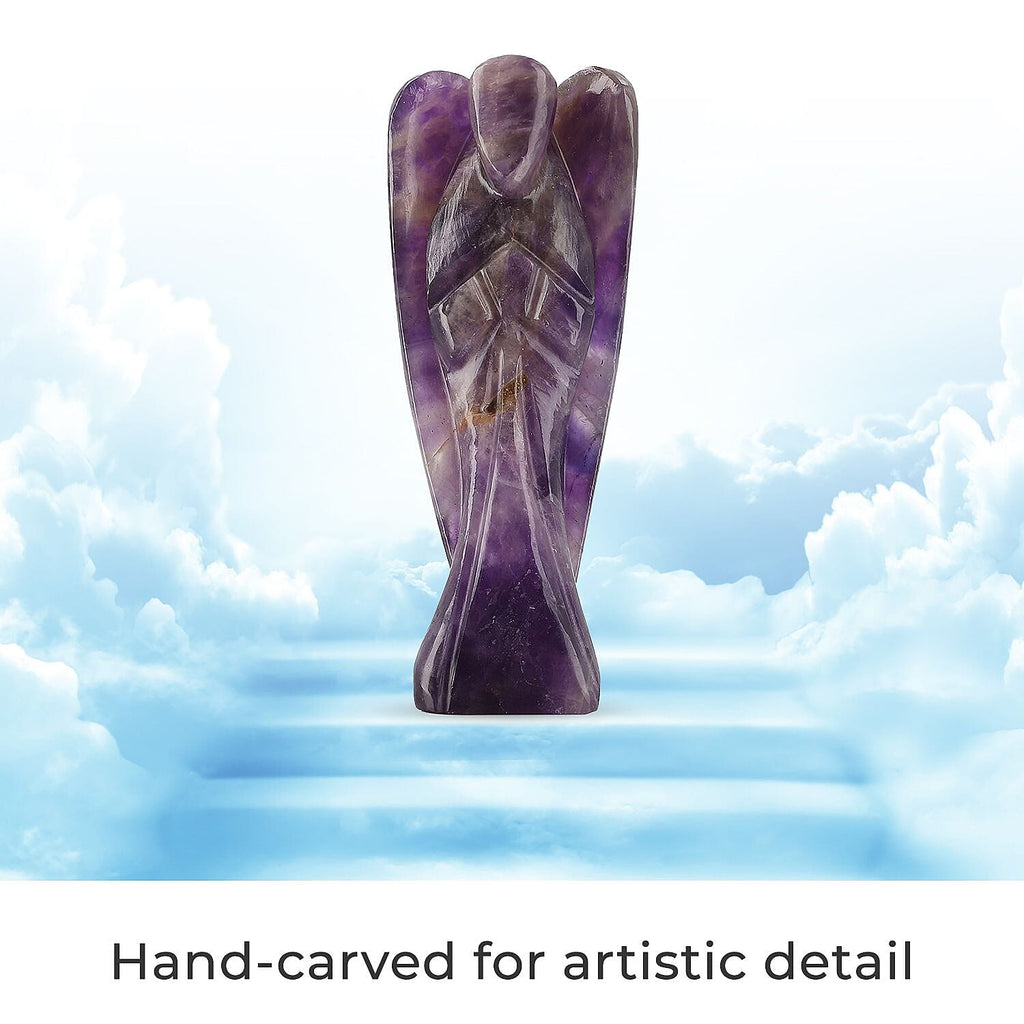 Handcarved Amethyst Guardian Angel Figurine Sculpture (Size 8 Cm) & Butterfly Stretchable Bracelet Presented in Velvet Pouch With Gift Card
