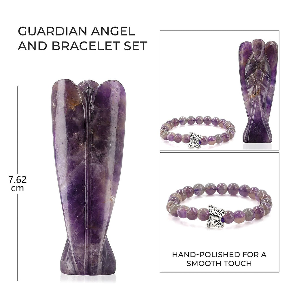 Handcarved Amethyst Guardian Angel Figurine Sculpture (Size 8 Cm) & Butterfly Stretchable Bracelet Presented in Velvet Pouch With Gift Card
