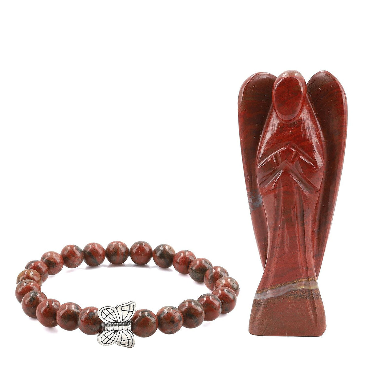 Handcarved Red Jasper Guardian Angel Figurine Sculpture (Size 8 Cm) &amp; Butterfly Stretchable Bracelet Presented in Velvet Pouch With Gift Card V32518892 0