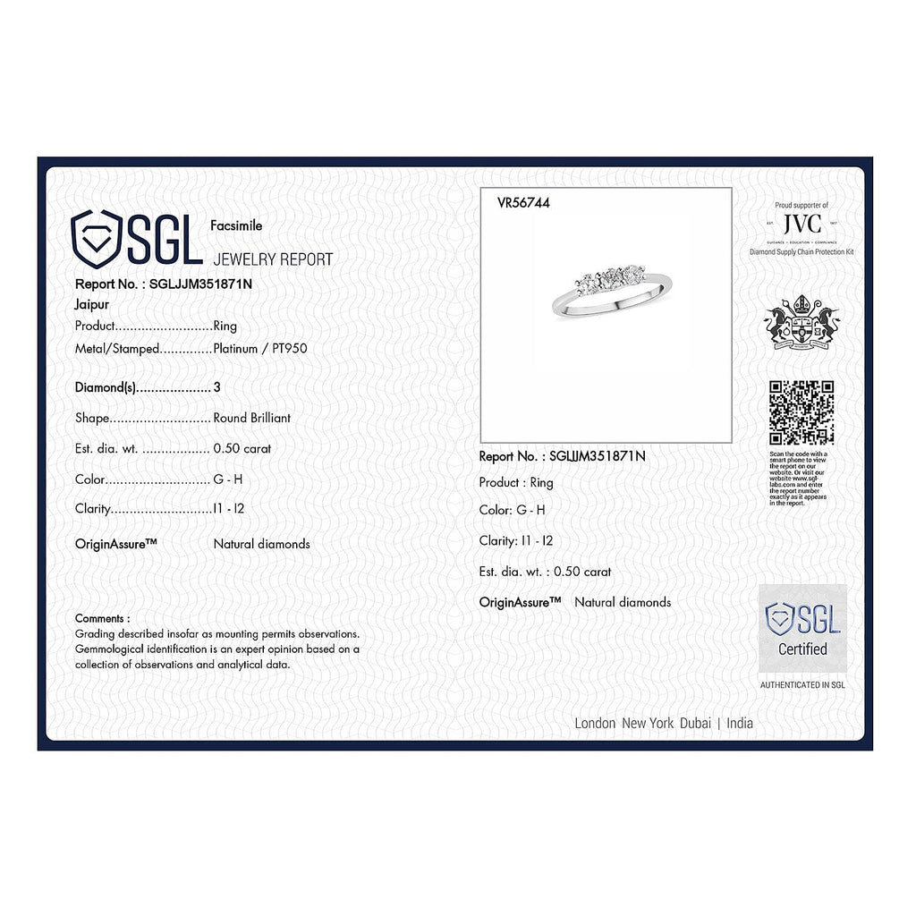 One Time Deal - 950 Platinum SGL Certified (I1-I2-GH) Diamond Trilogy Ring 0.50 Ct, Platinum Wt. 3.78 Gms.