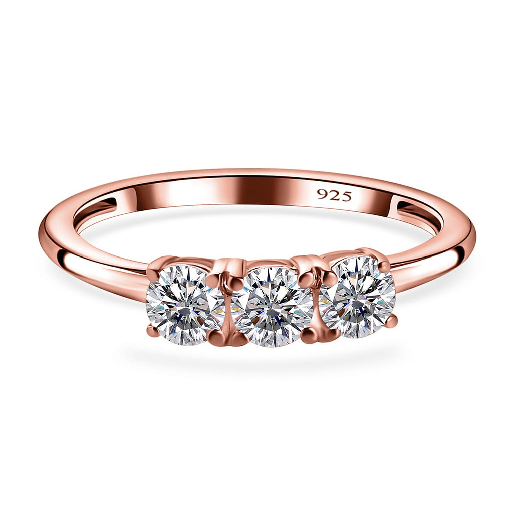 Finest CZ 3 Stone Ring in 18K Rose Gold Vermeil Plated Sterling Silver