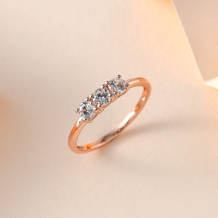 Finest CZ 3 Stone Ring in 18K Rose Gold Vermeil Plated Sterling Silver 7665283 2