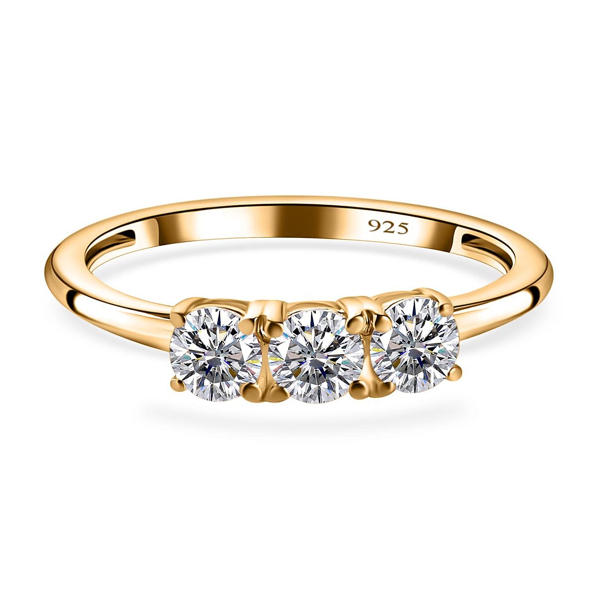 Finest CZ 3 Stone Ring in 18K Yellow Gold Vermeil Plated Sterling Silver 7665287 0