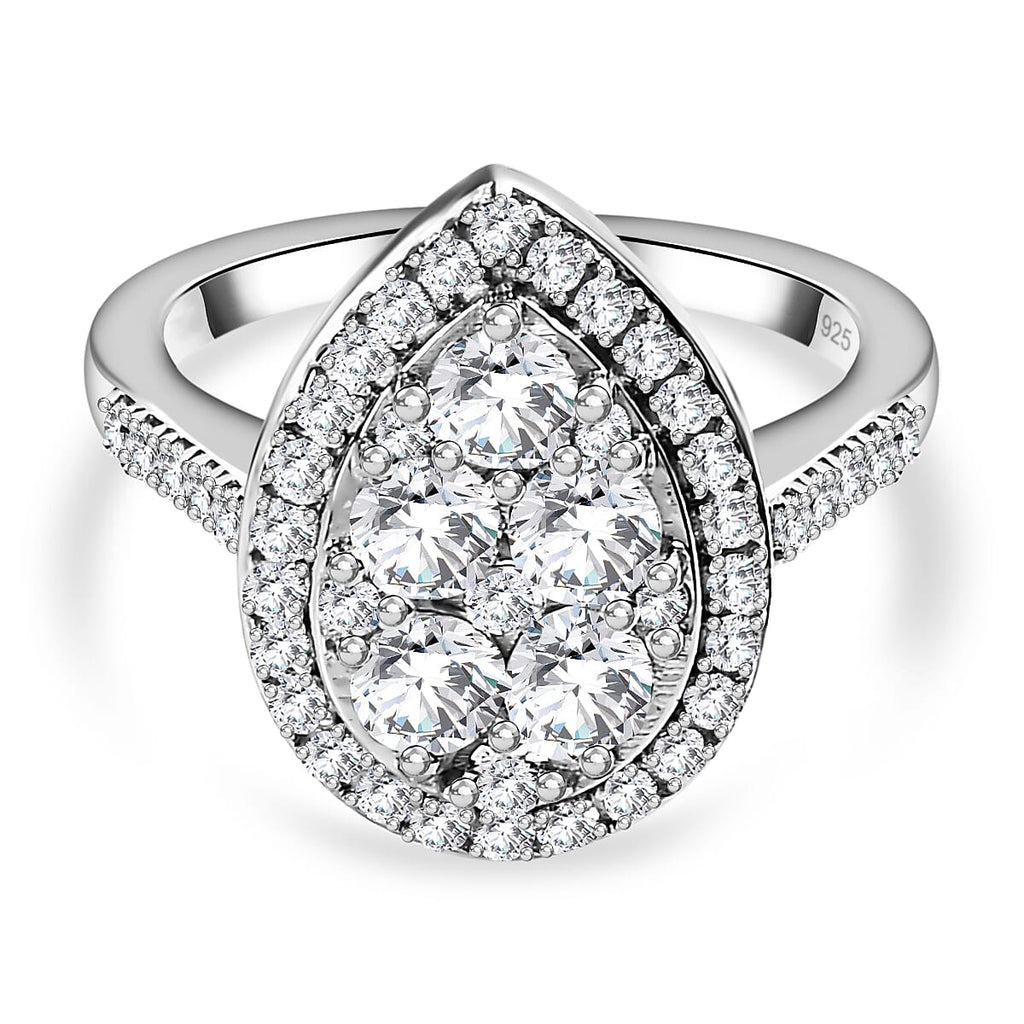 Finest CZ Halo Teardrop Ring in Platinum Overlay Sterling Silver 2.17 Ct