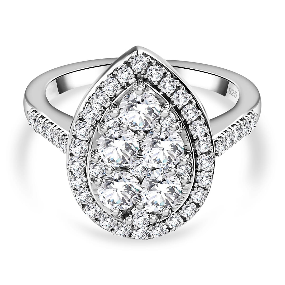 Finest CZ Halo Teardrop Ring in Platinum Overlay Sterling Silver 2.17 Ct 7649064 0