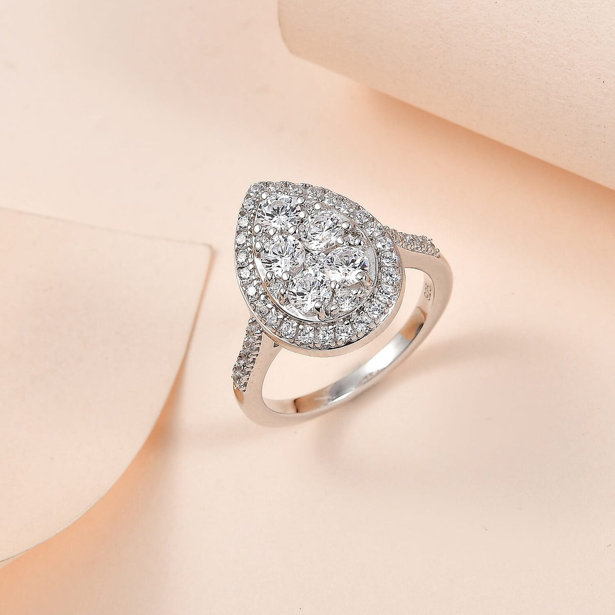 Finest CZ Halo Teardrop Ring in Platinum Overlay Sterling Silver 2.17 Ct 7649064 1