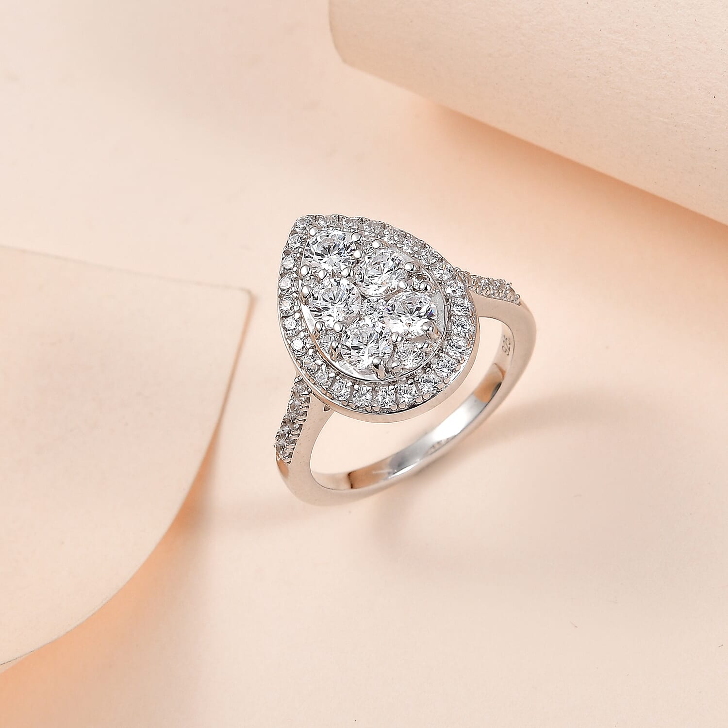 Finest CZ Halo Teardrop Ring in Platinum Overlay Sterling Silver 2.17 Ct 7649064 1
