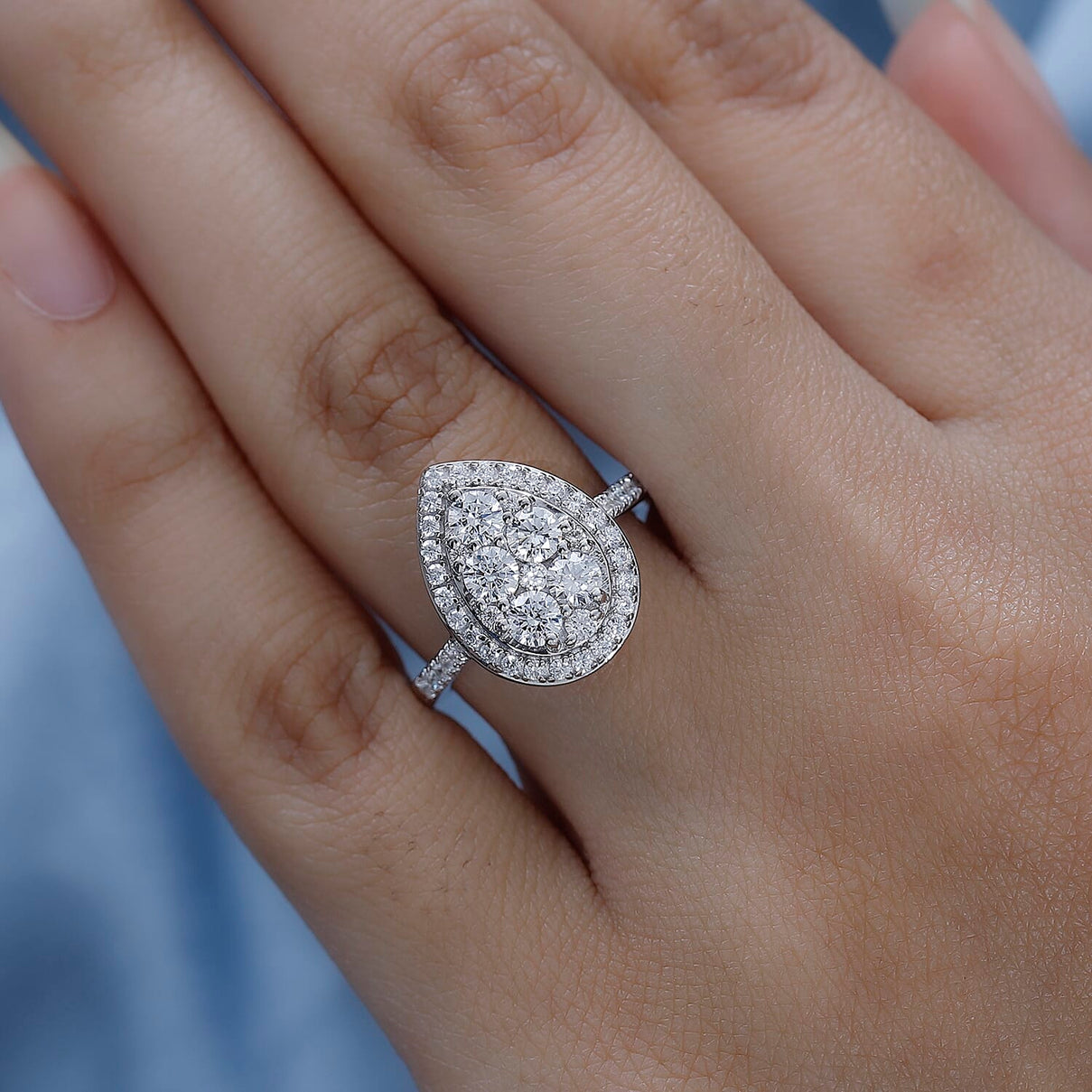 Finest CZ Halo Teardrop Ring in Platinum Overlay Sterling Silver 2.17 Ct 7649064 2