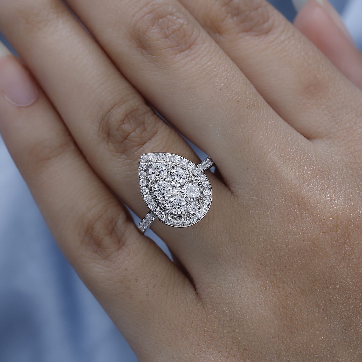Finest CZ Halo Teardrop Ring in Platinum Overlay Sterling Silver 2.17 Ct 7649064 2