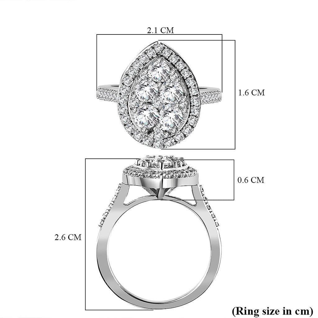 Finest CZ Halo Teardrop Ring in Platinum Overlay Sterling Silver 2.17 Ct