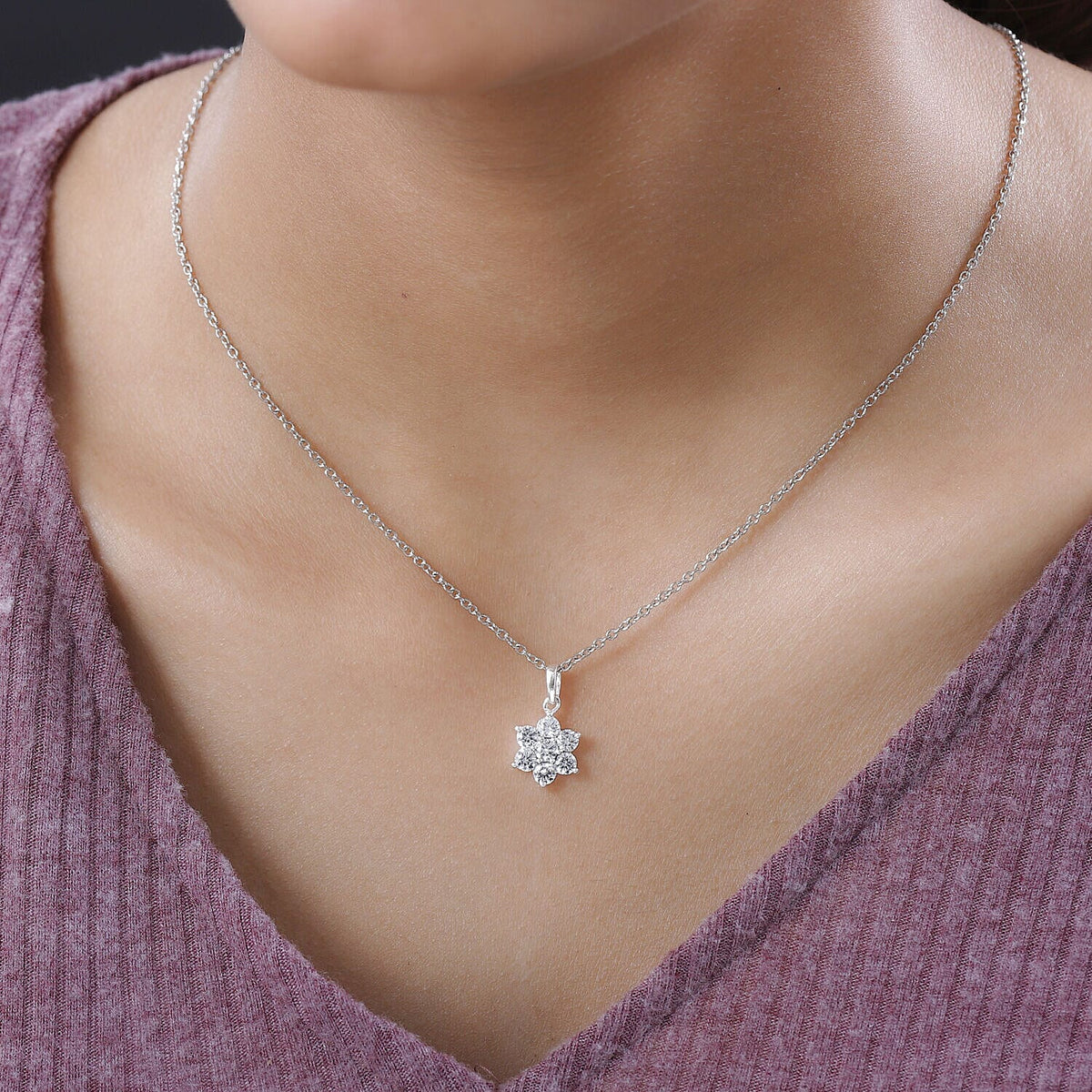 NY Closeout - Simulated Diamond Cluster Floral Pendant Sterling Silver  (Size - 20) 4401871 2