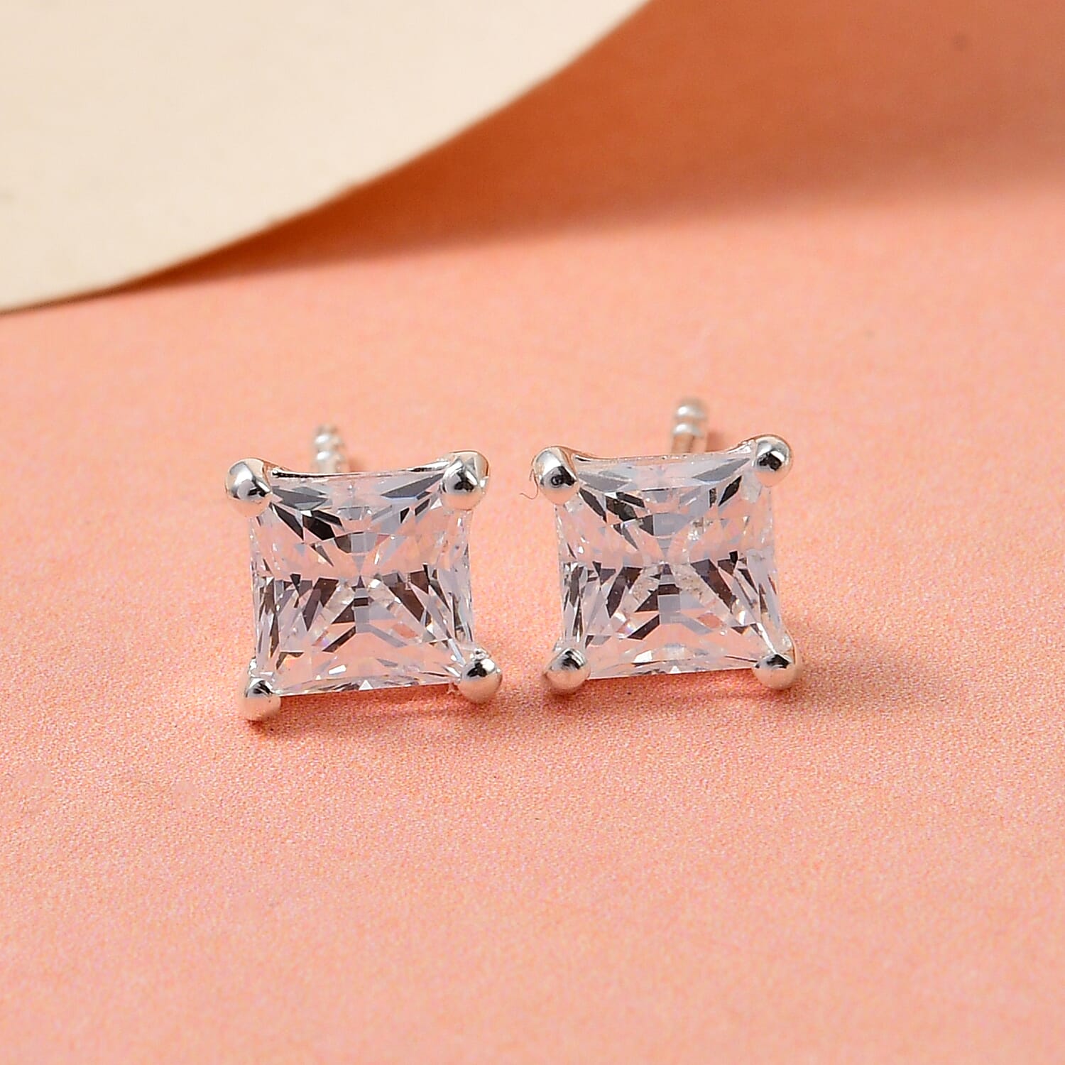 Simulated Diamond (Princess Cut) Stud Earrings (With Push Back) in Platinum Overaly Sterling Silver 7210872 2