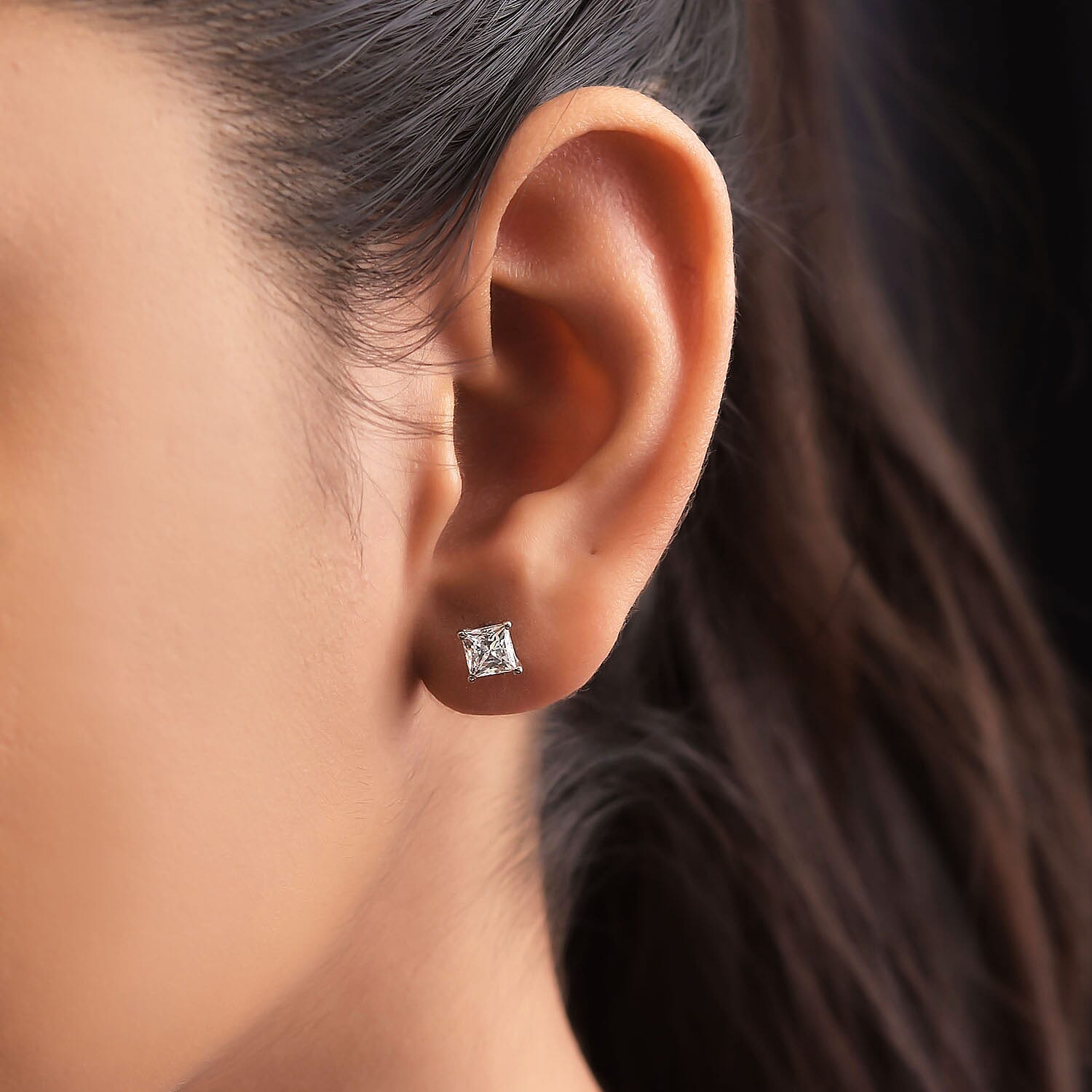 Simulated Diamond (Princess Cut) Stud Earrings (With Push Back) in Platinum Overaly Sterling Silver 7210872 3