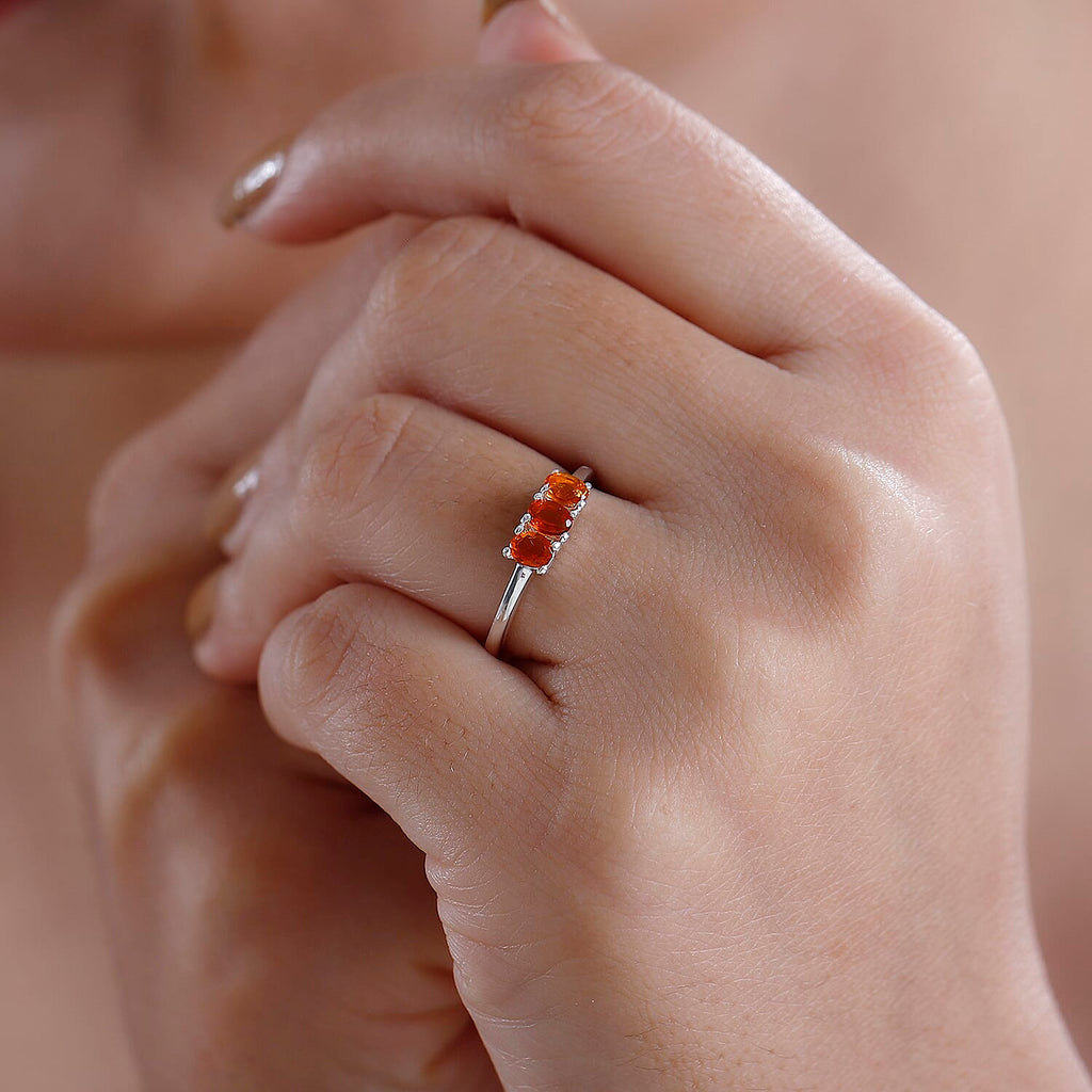 Fire Opal 3 Stone Ring Sterling Silver