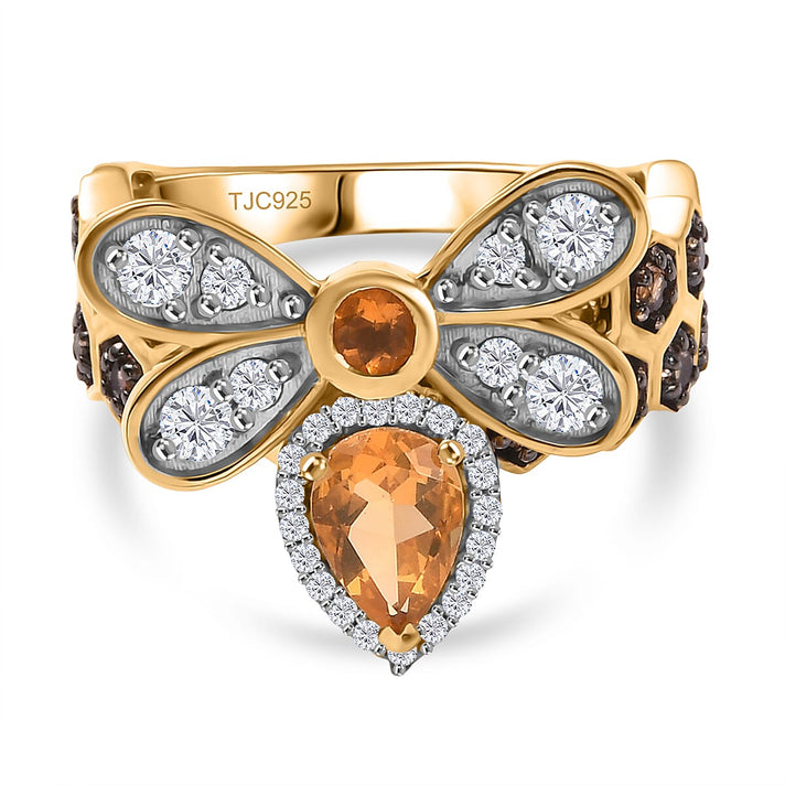 GP HoneyComb Collection - Fire Opal, Blue Sapphire, Brown Zircon, White Zircon HoneyBee Ring in 18K Vermeil Yellow Gold Plated Sterling Silver 1.89 Ct. 8143442 1