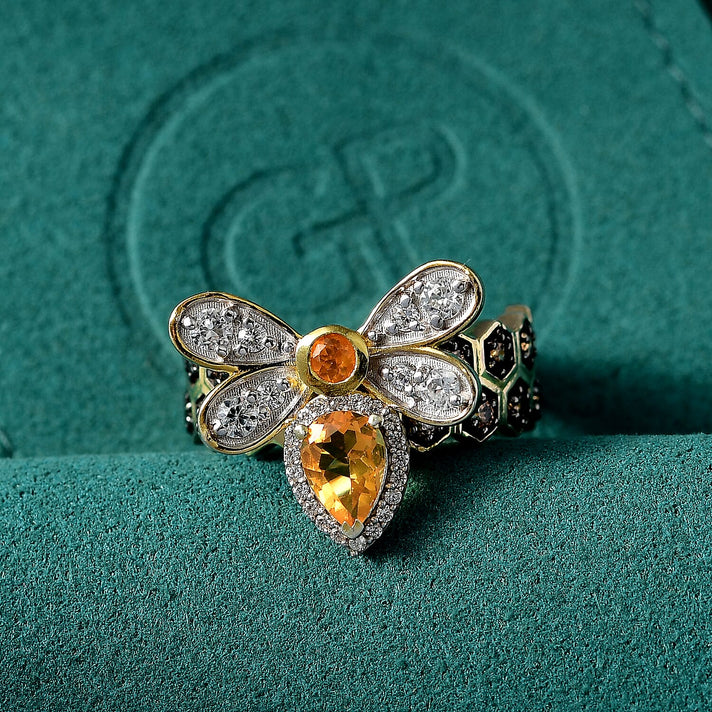 GP HoneyComb Collection - Fire Opal, Blue Sapphire, Brown Zircon, White Zircon HoneyBee Ring in 18K Vermeil Yellow Gold Plated Sterling Silver 1.89 Ct. 8143442 2