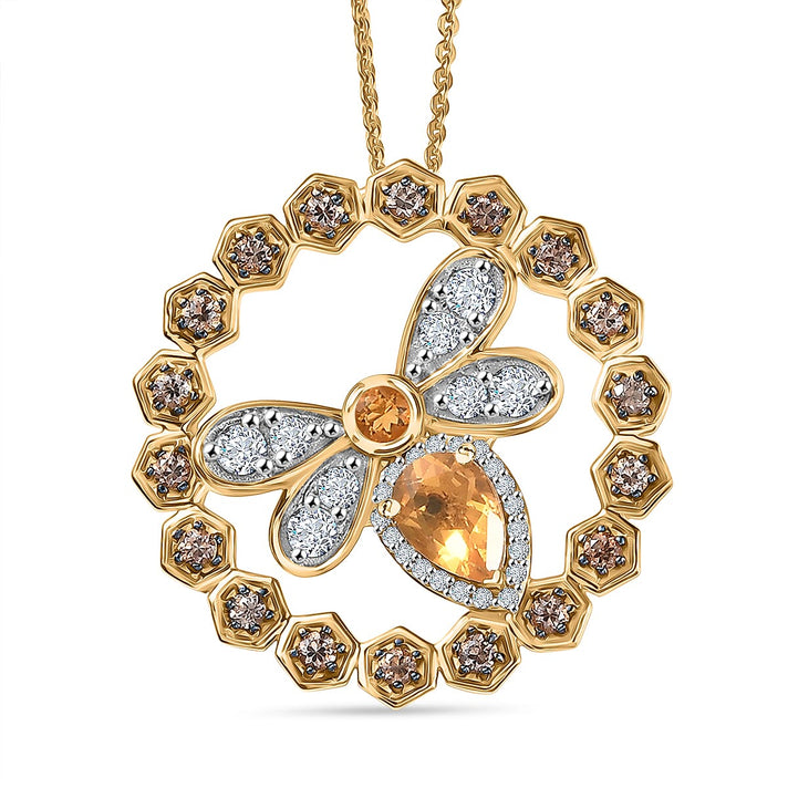 GP HoneyComb Collection - Fire Opal, Brown Zircon and White Zircon Honeybee Pendant with Chain (Size 20) in 18K Vermeil Yellow Gold Plated Sterling Silver 1.97 Ct. 4378702 1