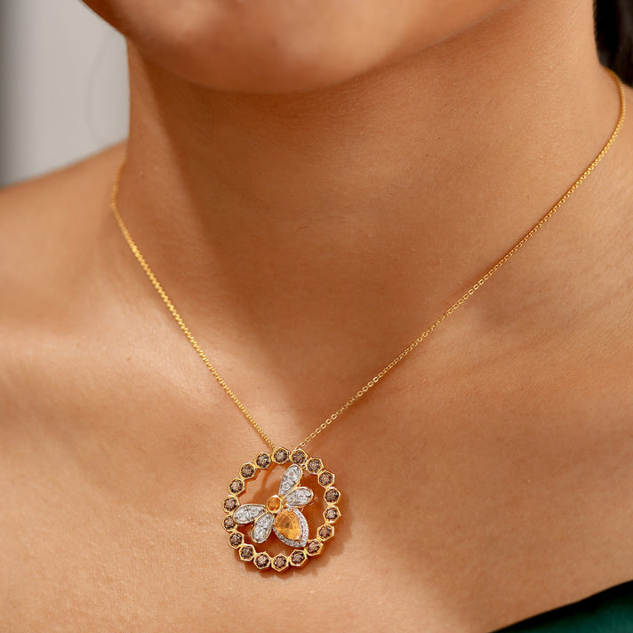 GP HoneyComb Collection - Fire Opal, Brown Zircon and White Zircon Honeybee Pendant with Chain (Size 20) in 18K Vermeil Yellow Gold Plated Sterling Silver 1.97 Ct. 4378702 2