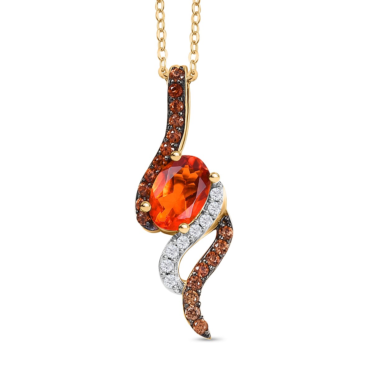 Natural Fire Opal, Brown Zircon &amp; White Zircon Feiry Passion Flaming Grace Pendant with Chain (Size - 20) in 18K Vermeil Yellow Gold Plated Sterling Silver 4360772 0