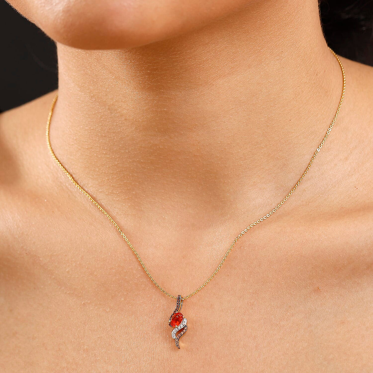 Natural Fire Opal, Brown Zircon &amp; White Zircon Feiry Passion Flaming Grace Pendant with Chain (Size - 20) in 18K Vermeil Yellow Gold Plated Sterling Silver 4360772 2