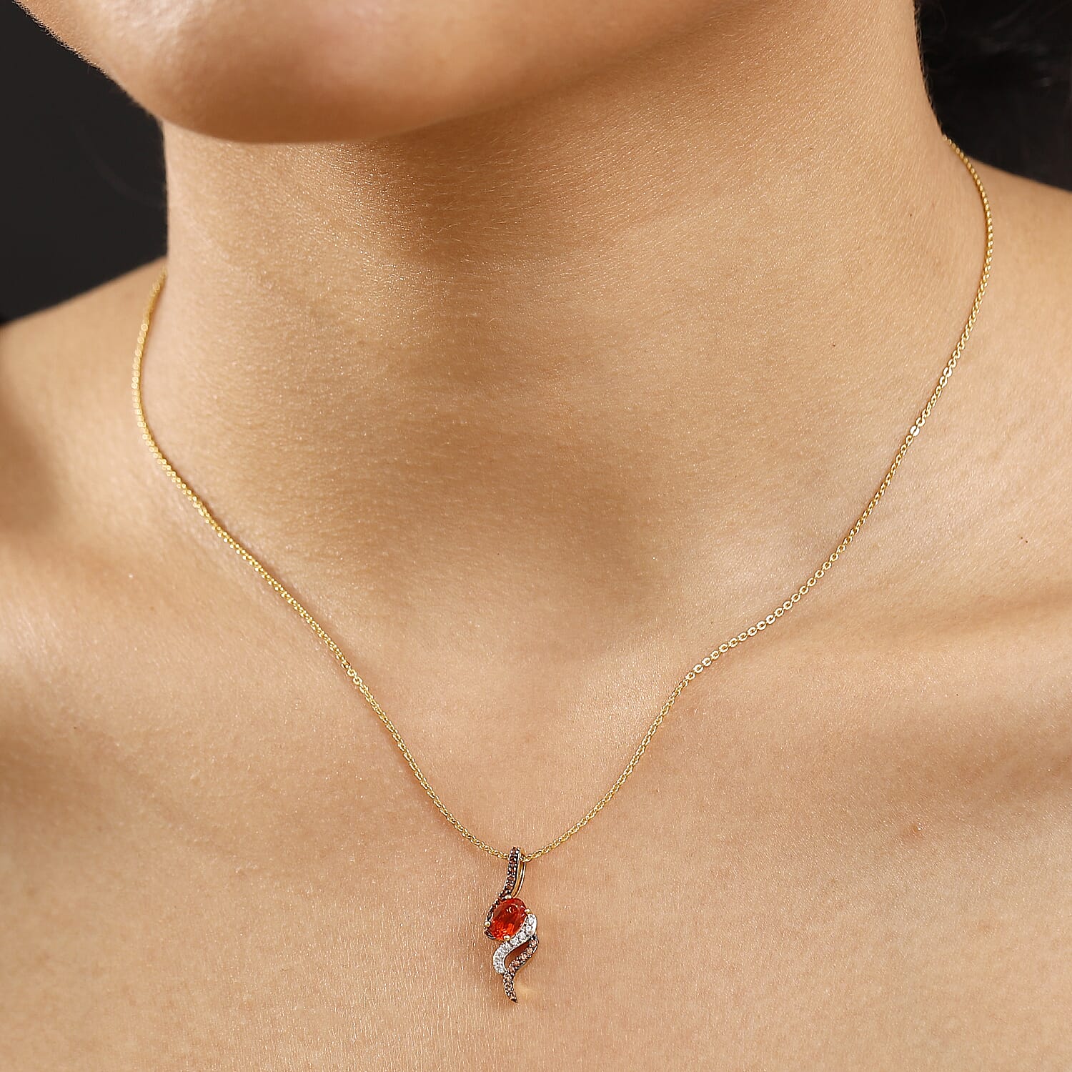 Natural Fire Opal, Brown Zircon &amp; White Zircon Feiry Passion Flaming Grace Pendant with Chain (Size - 20) in 18K Vermeil Yellow Gold Plated Sterling Silver 4360772 2