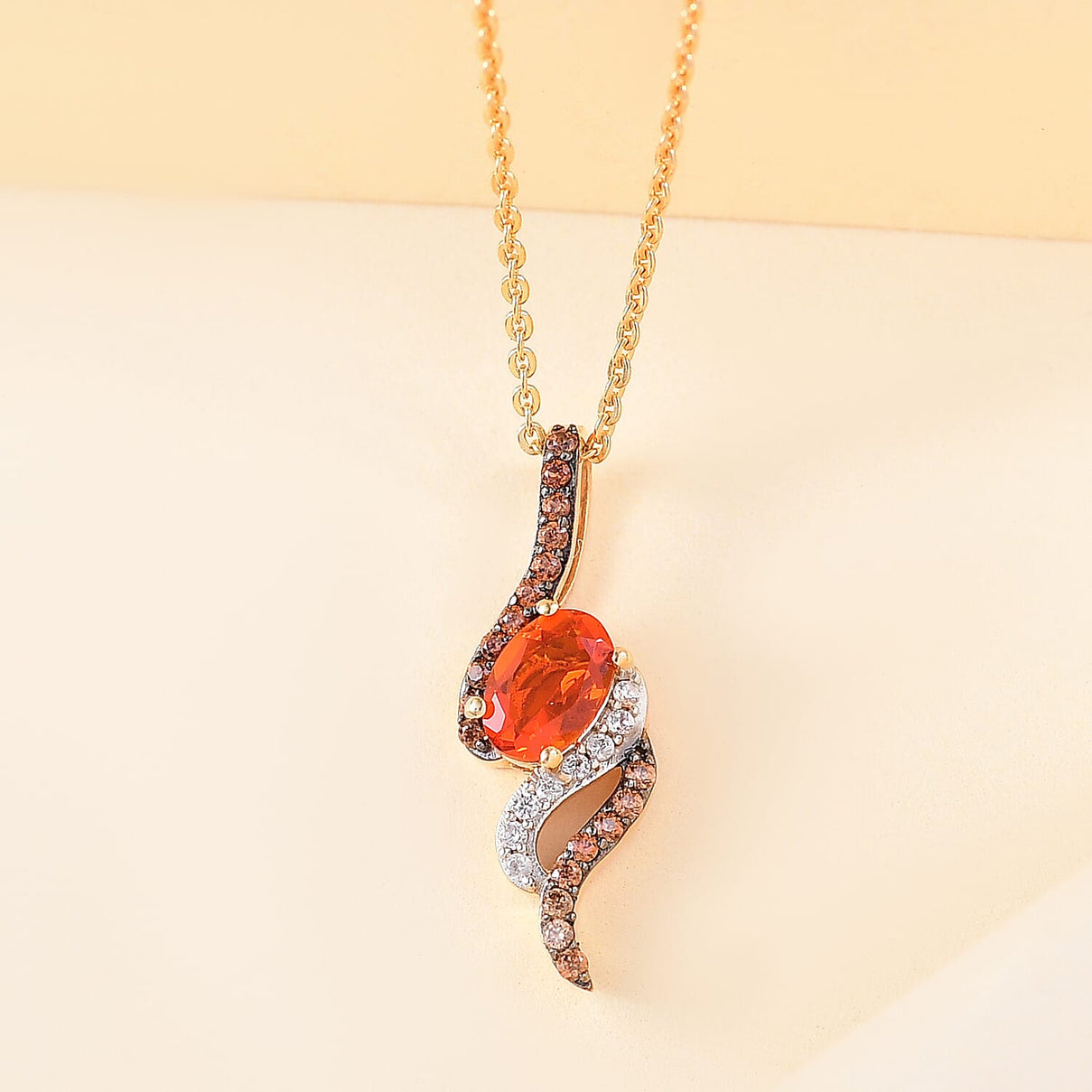 Natural Fire Opal, Brown Zircon &amp; White Zircon Feiry Passion Flaming Grace Pendant with Chain (Size - 20) in 18K Vermeil Yellow Gold Plated Sterling Silver 4360772 3