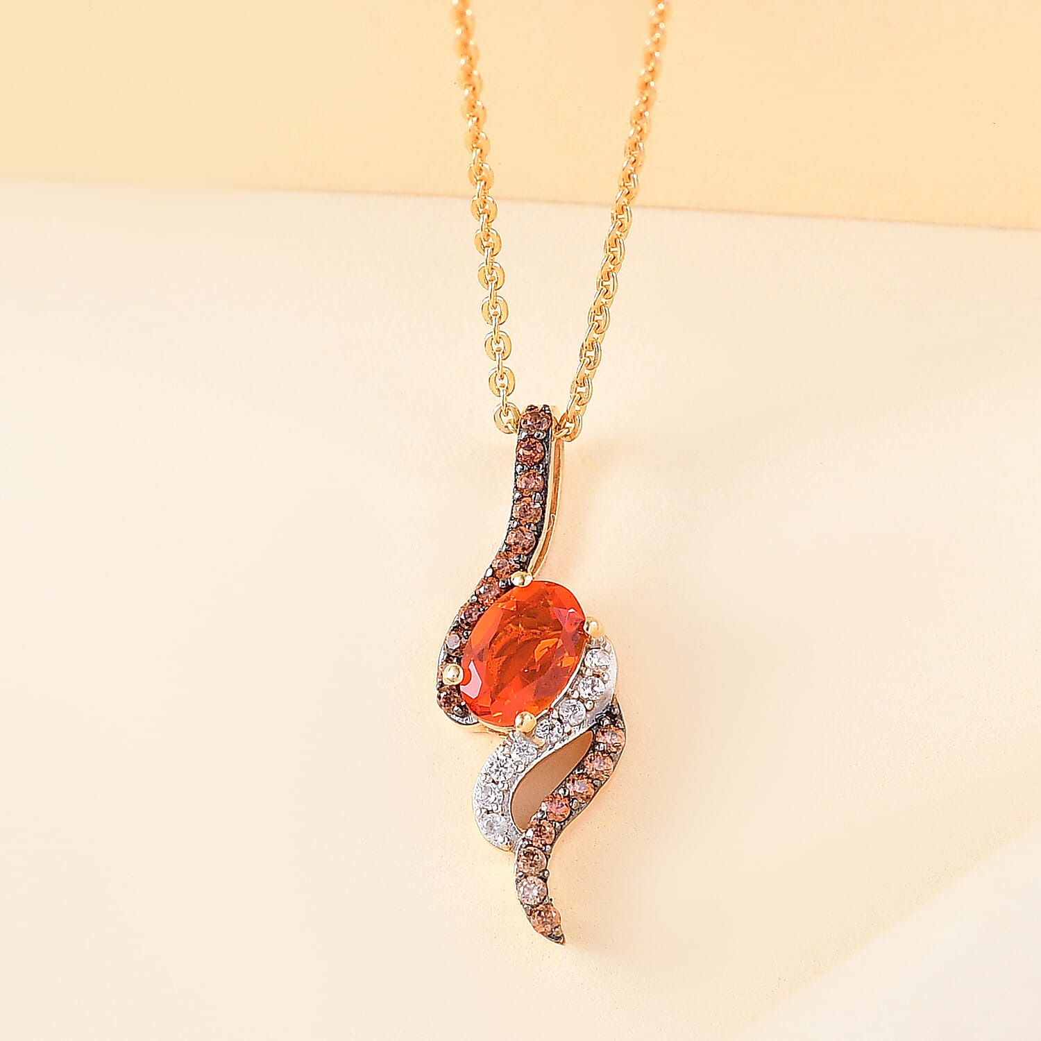 Natural Fire Opal, Brown Zircon &amp; White Zircon Feiry Passion Flaming Grace Pendant with Chain (Size - 20) in 18K Vermeil Yellow Gold Plated Sterling Silver 4360772 3