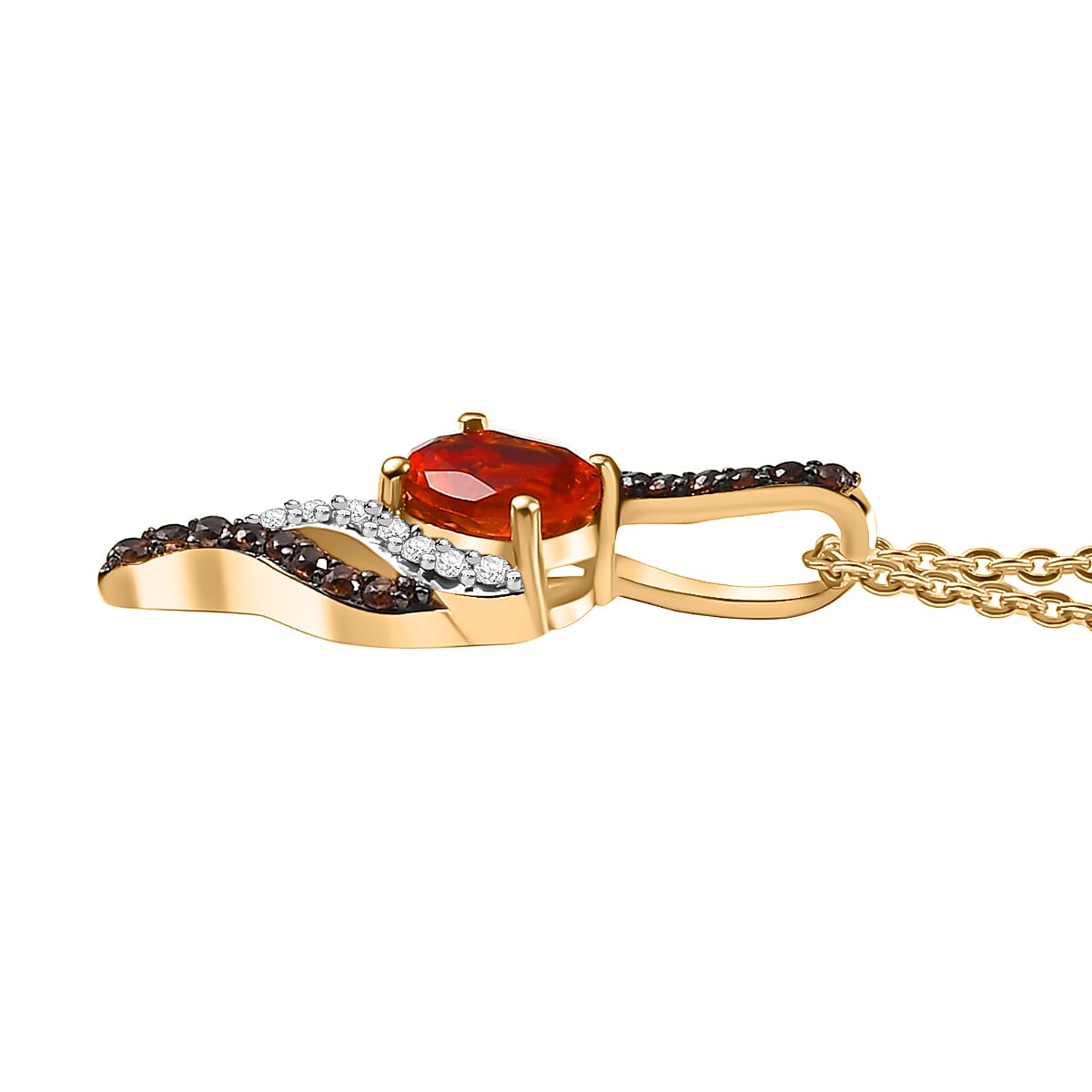 Natural Fire Opal, Brown Zircon &amp; White Zircon Feiry Passion Flaming Grace Pendant with Chain (Size - 20) in 18K Vermeil Yellow Gold Plated Sterling Silver 4360772 4