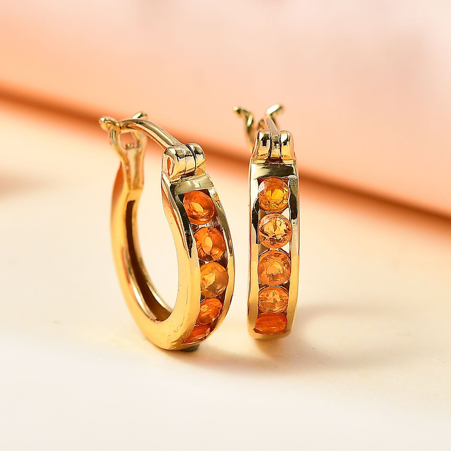 Fire Opal Hoop Earrings in 18K Gold Overlay Sterling Silver 7822393 1