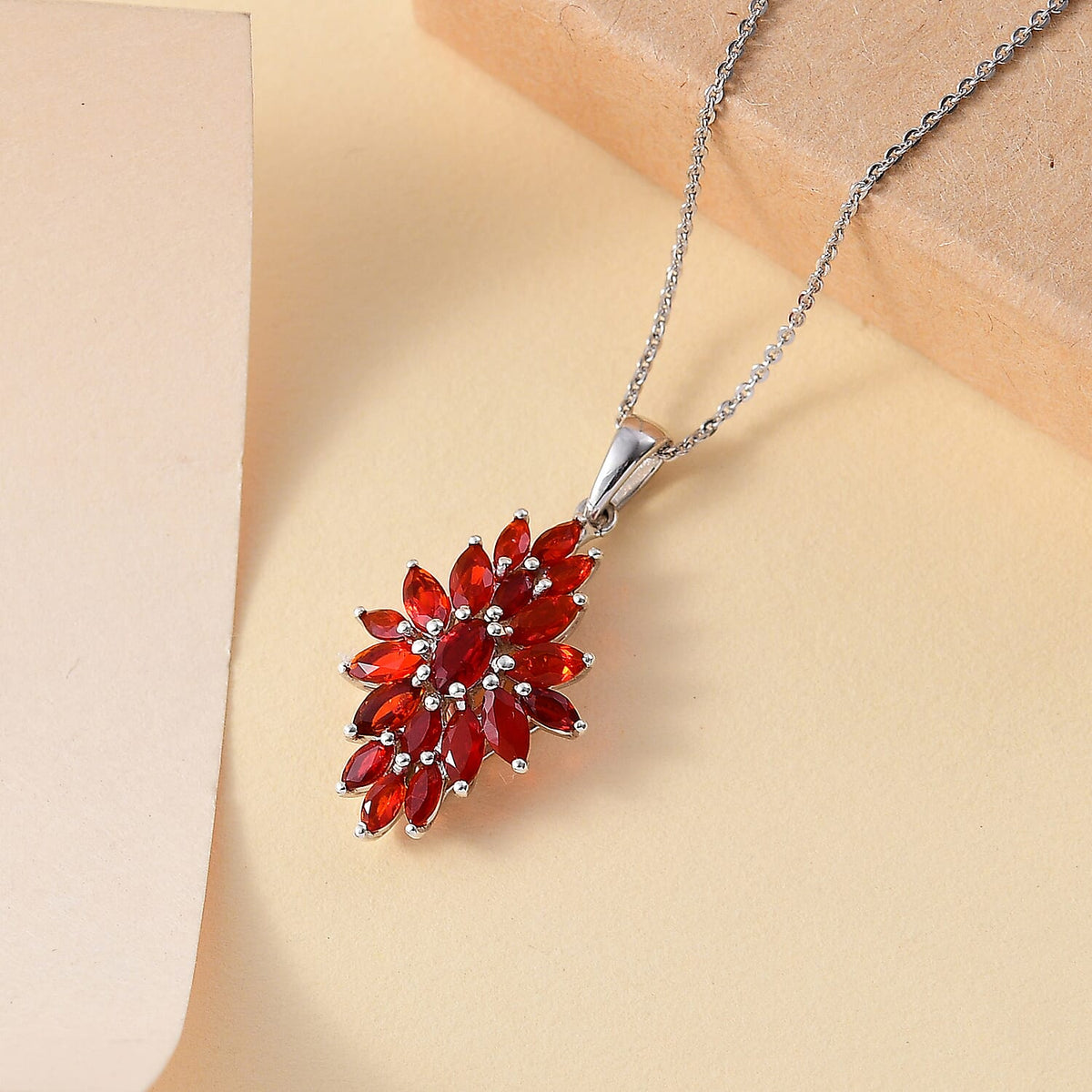 Fire Opal Cluster Pendant with Chain (Size 20) in Rhodium Overlay Sterling Silver 4302812 1