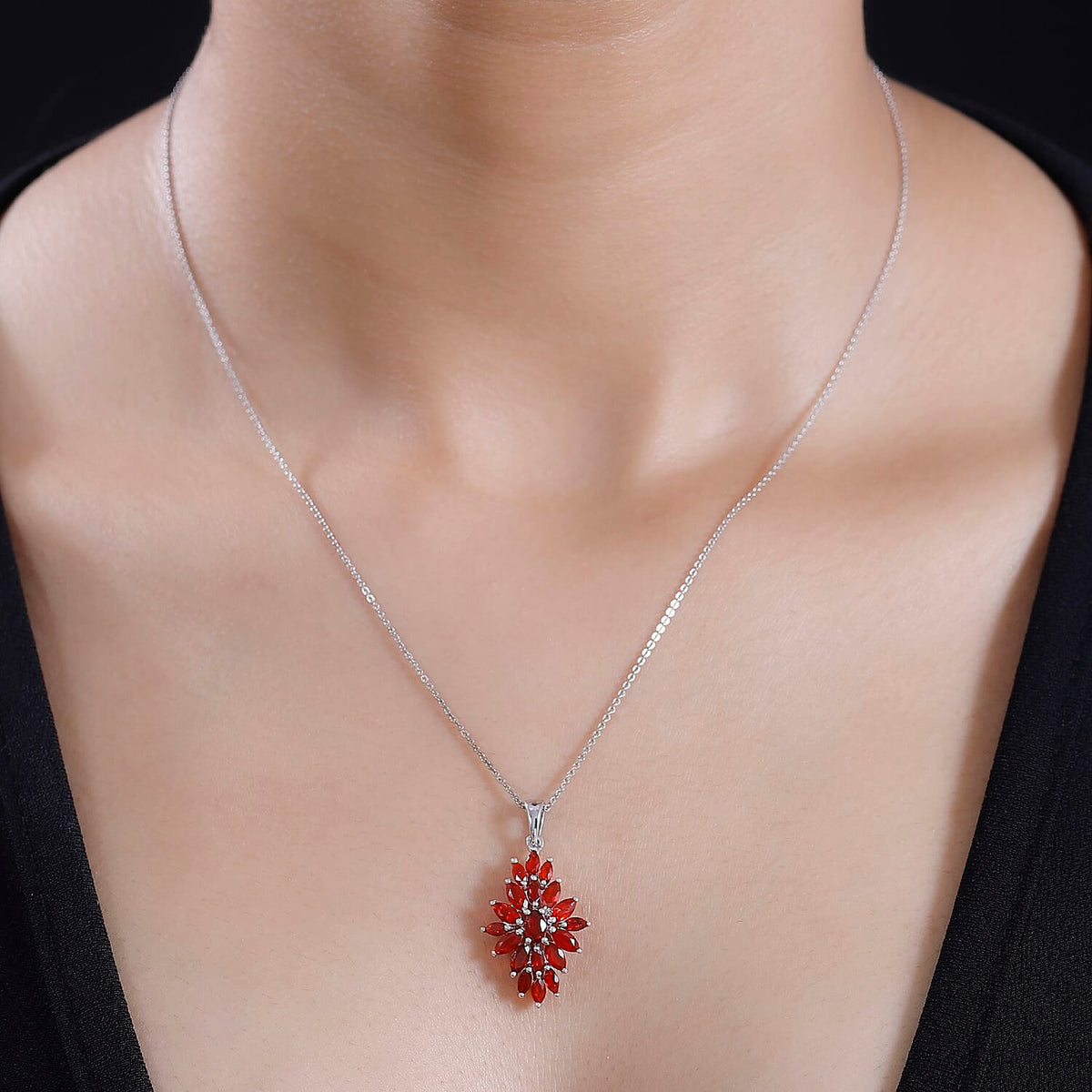 Fire Opal Cluster Pendant with Chain (Size 20) in Rhodium Overlay Sterling Silver 4302812 2