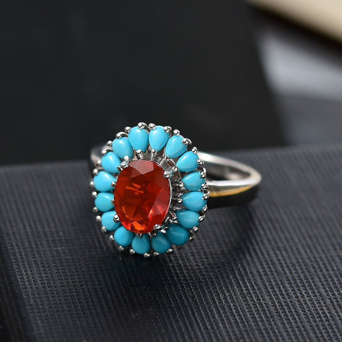 Fire Opal &amp; Sleeping Beauty Turquoise Ring in Rhodium Overlay Sterling Silver 1.80 Ct. 8135270 2