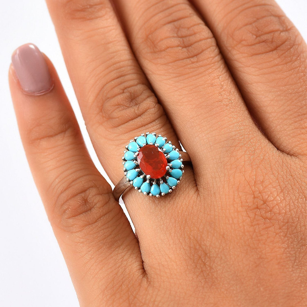 Fire Opal &amp; Sleeping Beauty Turquoise Ring in Rhodium Overlay Sterling Silver 1.80 Ct. 8135270 3