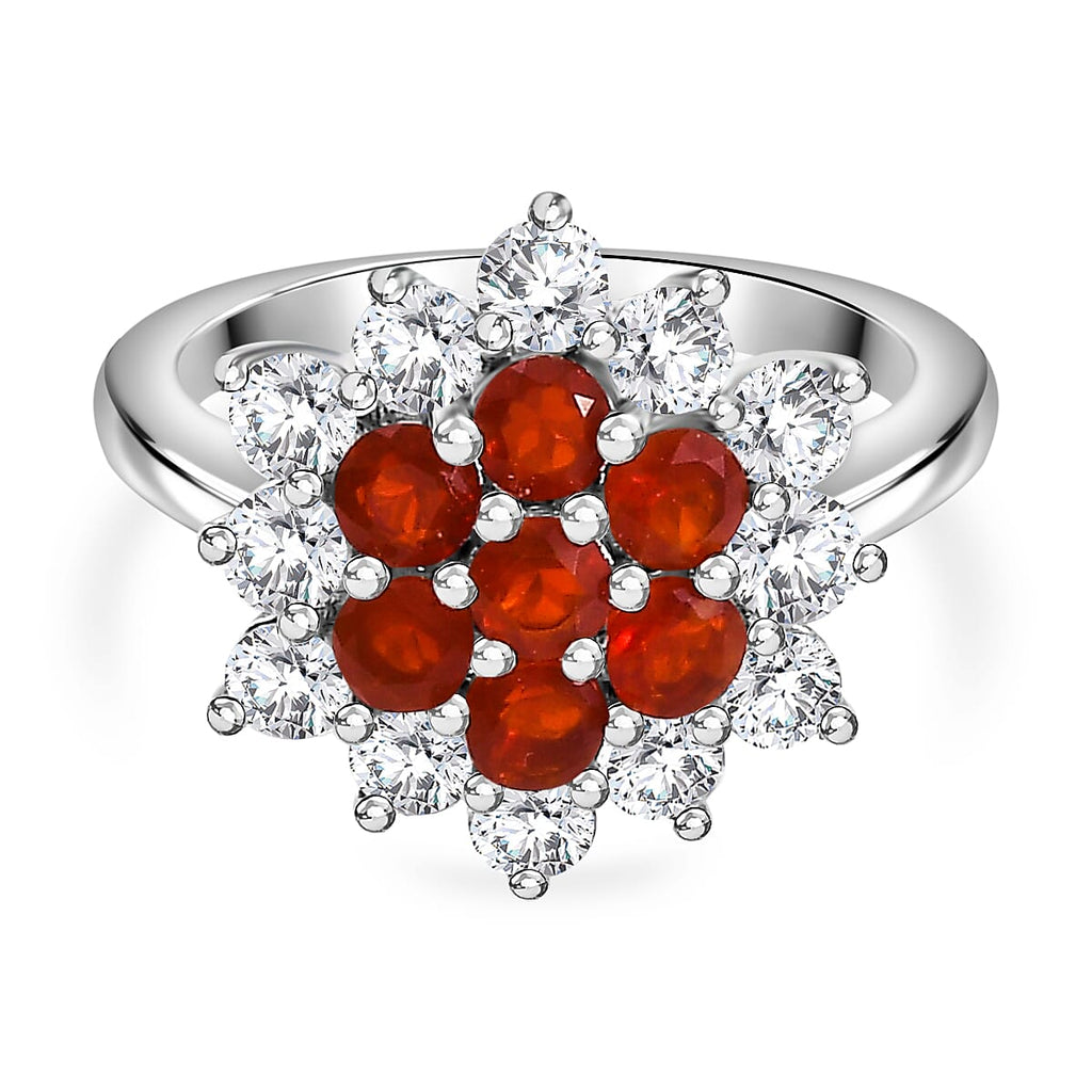 Cherry Fire Opal & White Zircon Cluster Ring in Rhodium Overlay Sterling Silver  2.381  Ct.