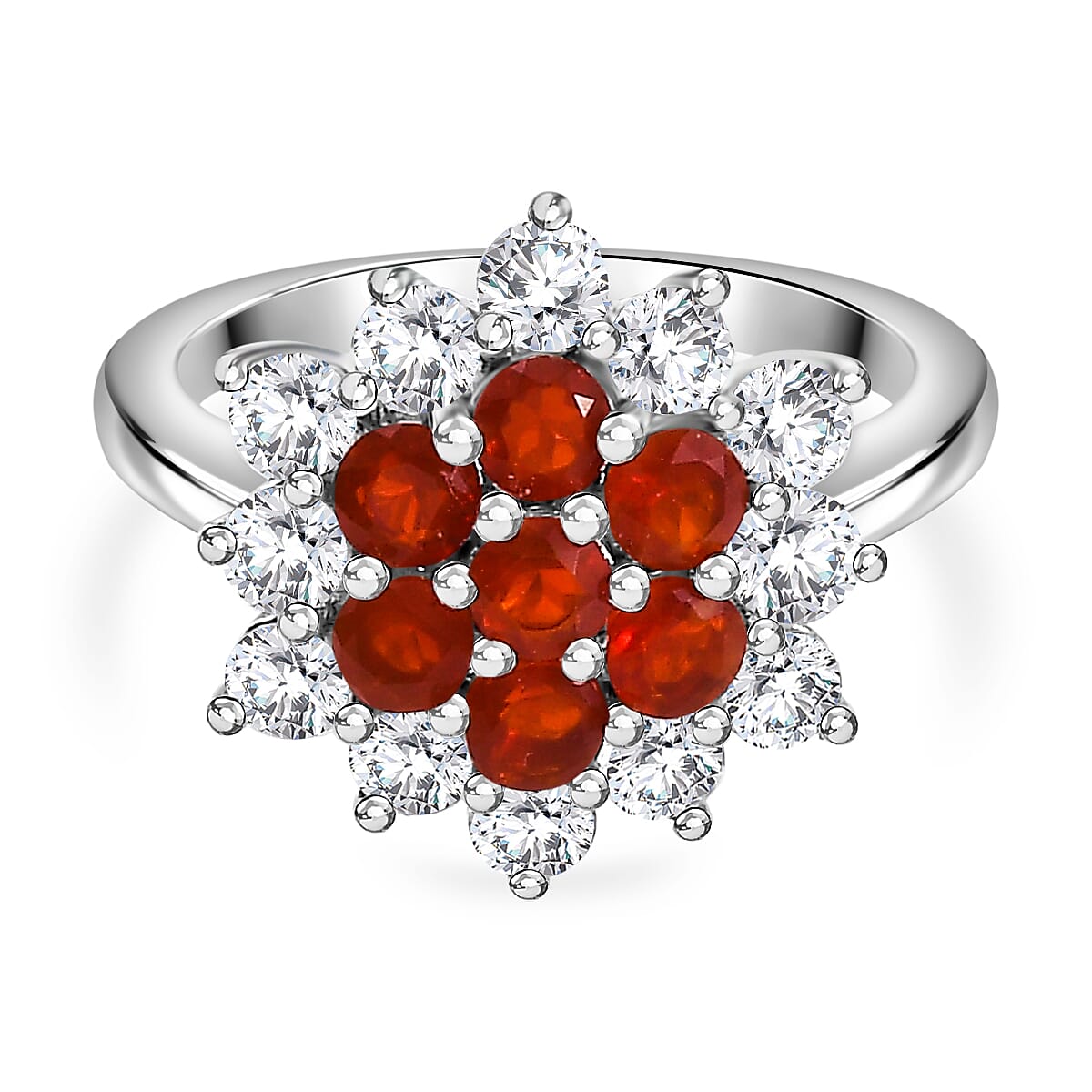 Fire Opal, White Zircon Cluster Ring in Rhodium Overlay Sterling Silver 7877198 0