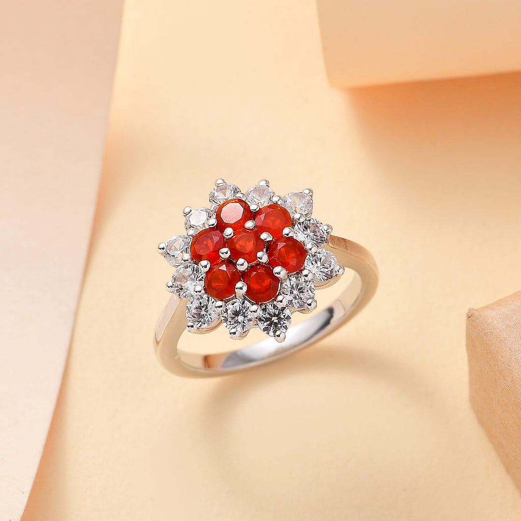 Cherry Fire Opal & White Zircon Cluster Ring in Rhodium Overlay Sterling Silver  2.381  Ct.